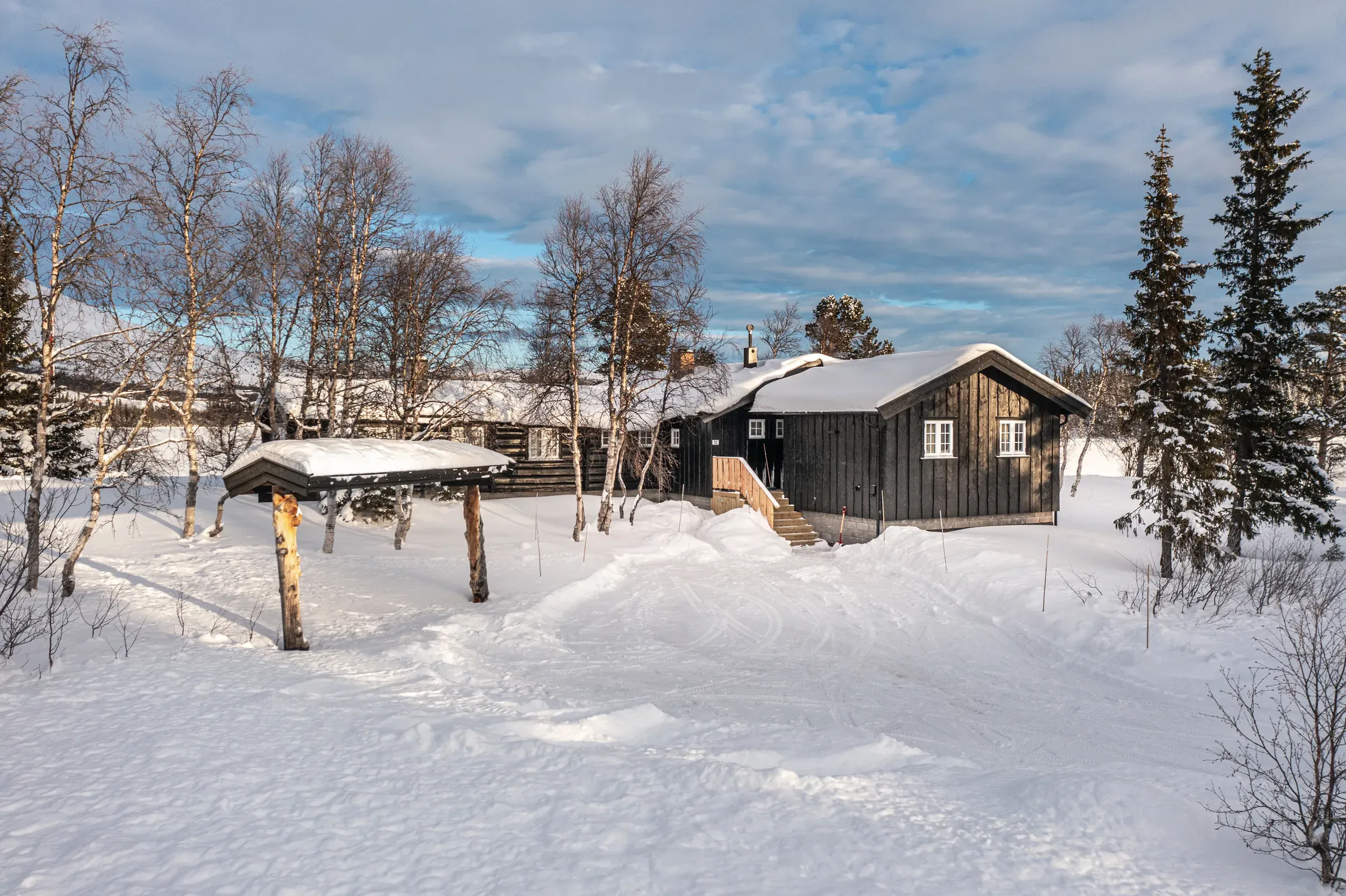 Hytten i vinterlandskapet med bjørk og gran rundt